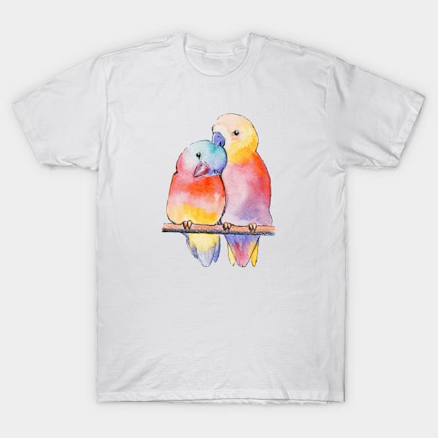 Watercolor - Colorfull lovebirds T-Shirt by Karoのkyuuto